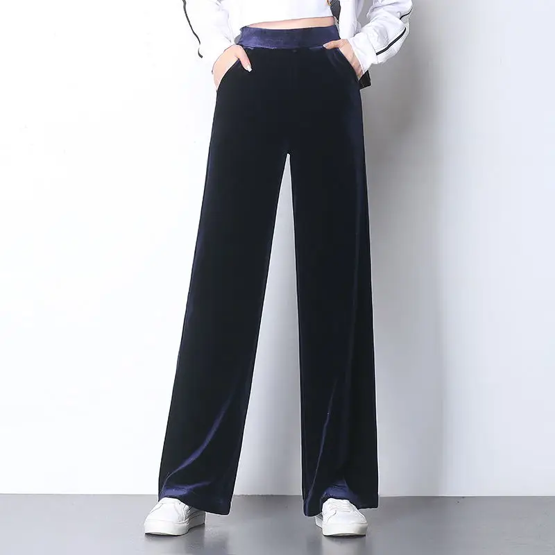 navy blue Мода осень женские длинные бархатные брюки свободные повседневные широкие велюровые брюки плюс размер бархатные брюки женские брюки клёш 3XL - Цвет: navy blue