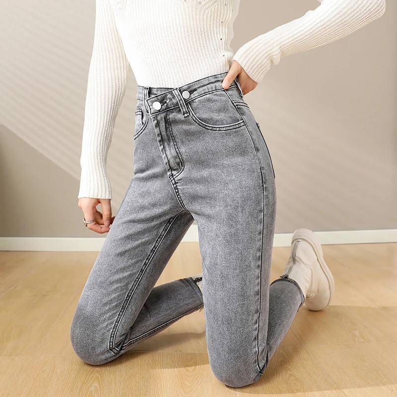 

Oblique Buckle Gray Skinny Jeans Women Autumn New Personality Irregular High Waist Slim Elasticity Female Pencil Denim Pants