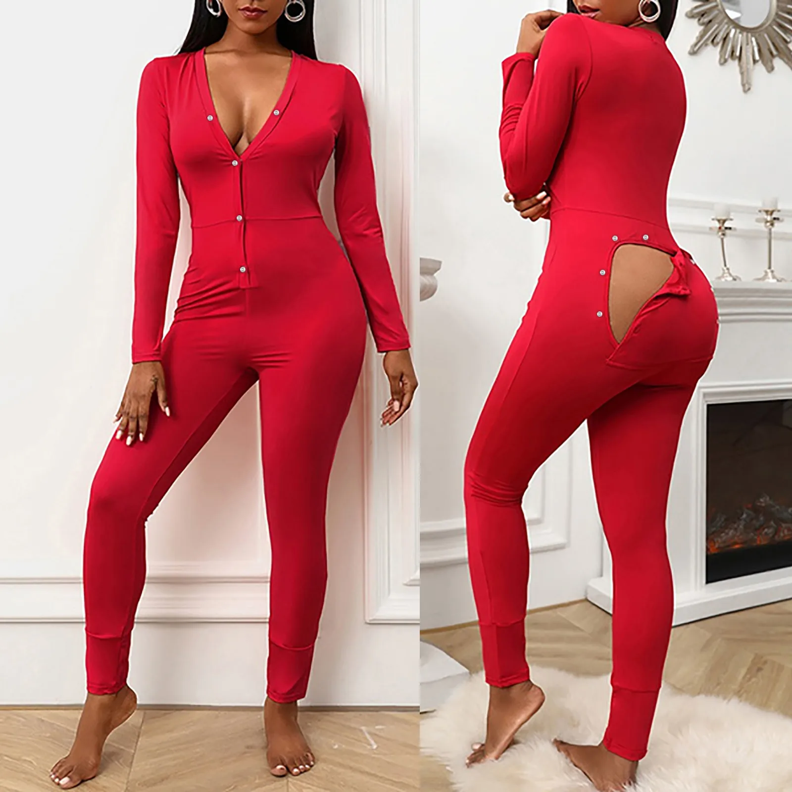 

Pajama For Women Casual Deep-V Solid Color Button Romper Long Playsuit Ladies Home Strap Pajama Jumpsuit Fashion Sleepwear