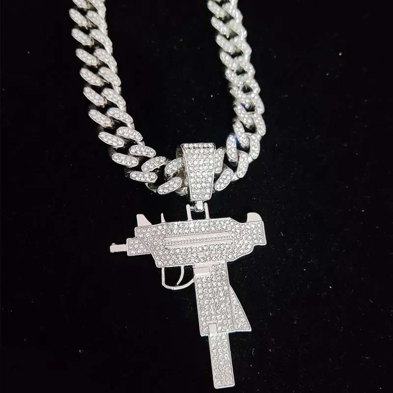 Мужчины Женщины хип-хоп Iced Out Bling УЗИ пистолет кулон ожерелье с 13 мм Майами