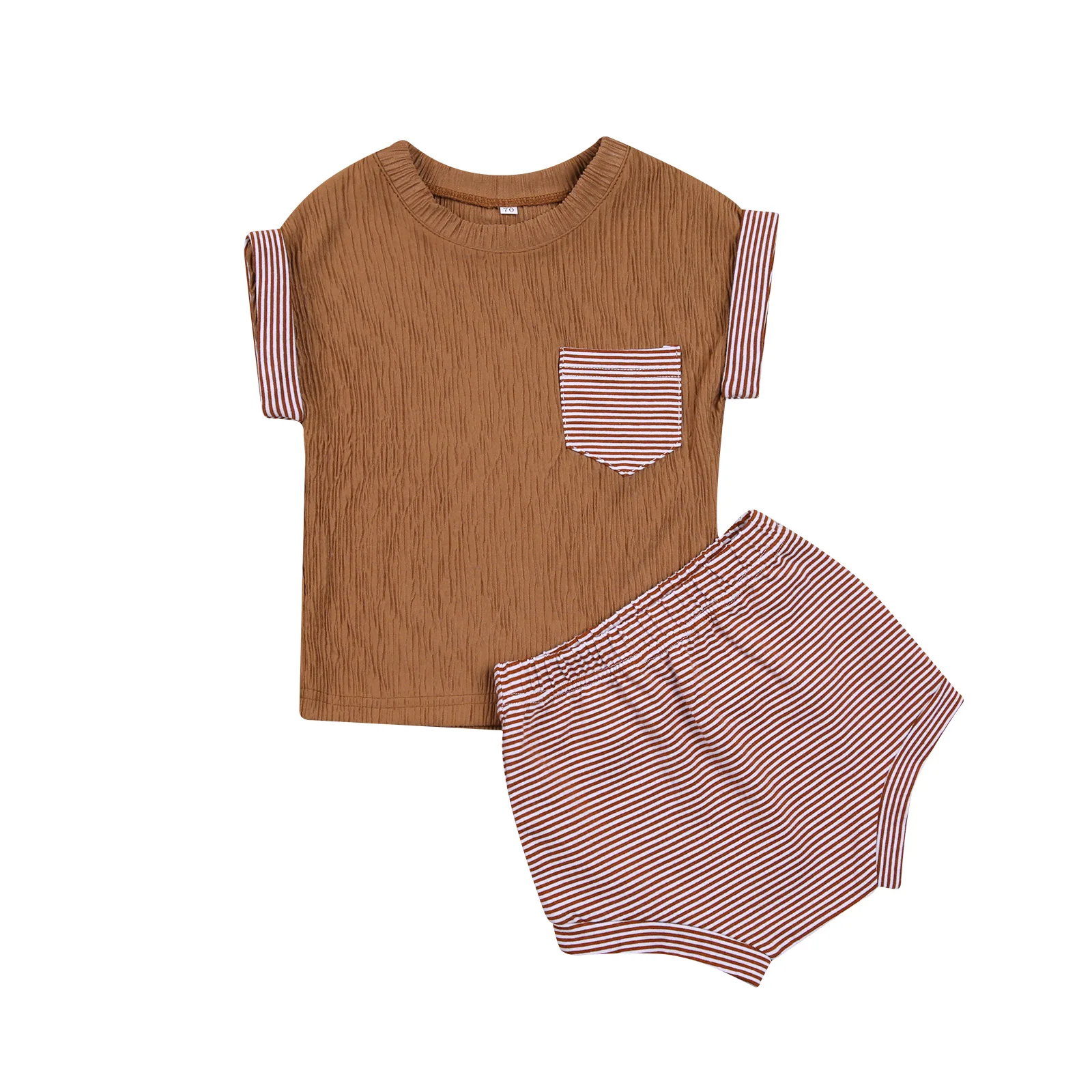 

0-24 Months Baby's Two Piece Set, Infant's Crew Neck Contrast Color Sleeves Shirt and Elastic Waistband Shorts for Toddler