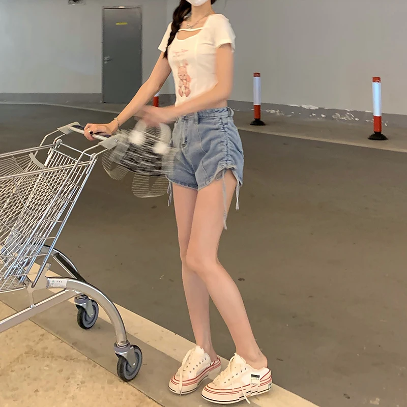 

Vintage Tassel Women Jeans Shorts 2021 New Summer High Waist Denim Shorts Chic Streetwear Shirring Stylish Sexy Hot Girls Female