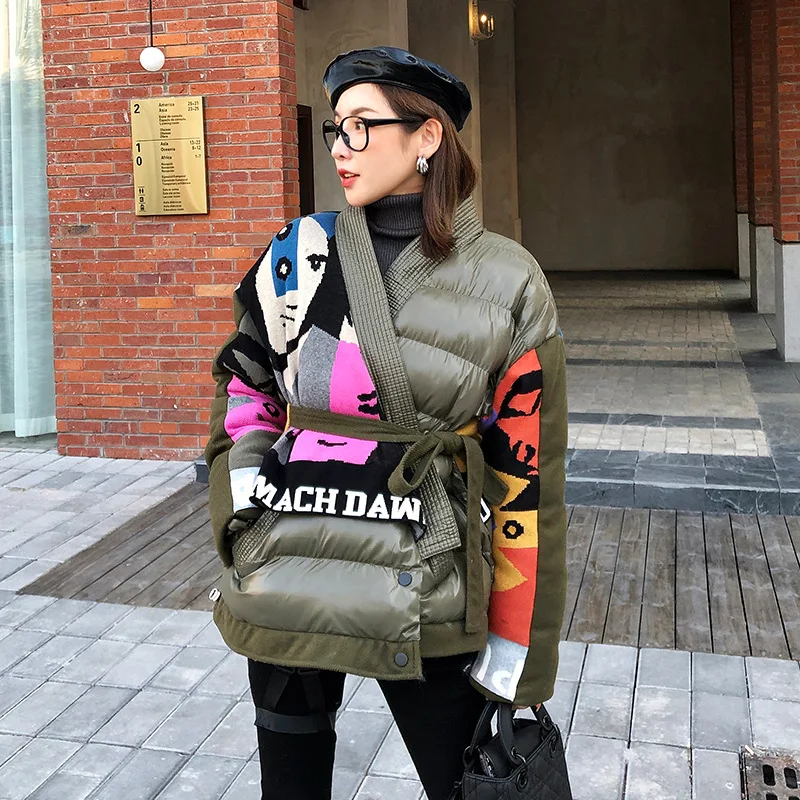 

European goods 2020 winter new knit pattern stitching V-neck tie cotton coat female loose long coat