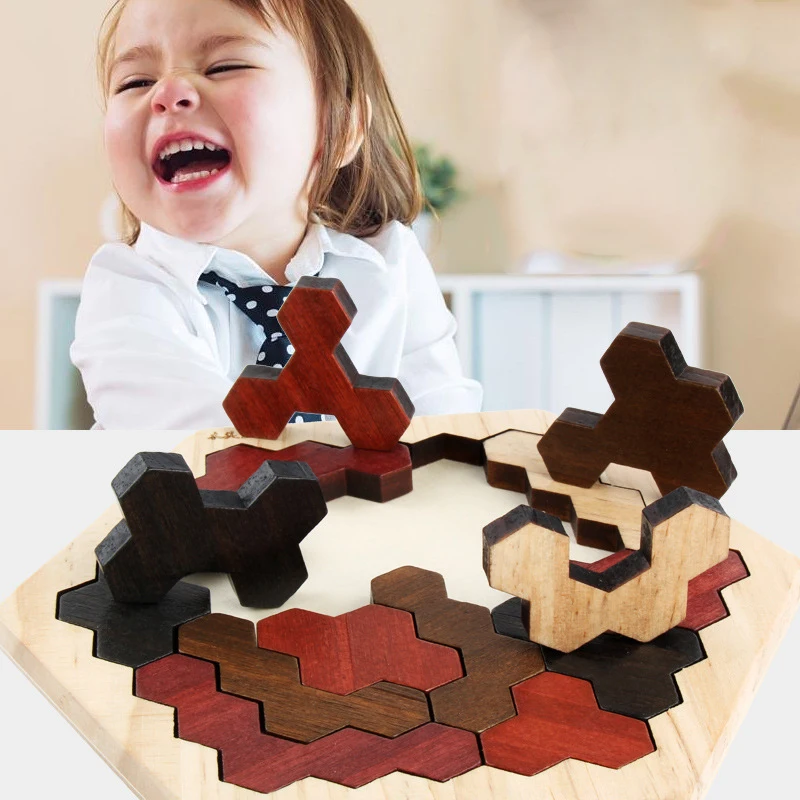 Детский деревянный пазл Геометрическая Шестигранная доска развивающая игрушка