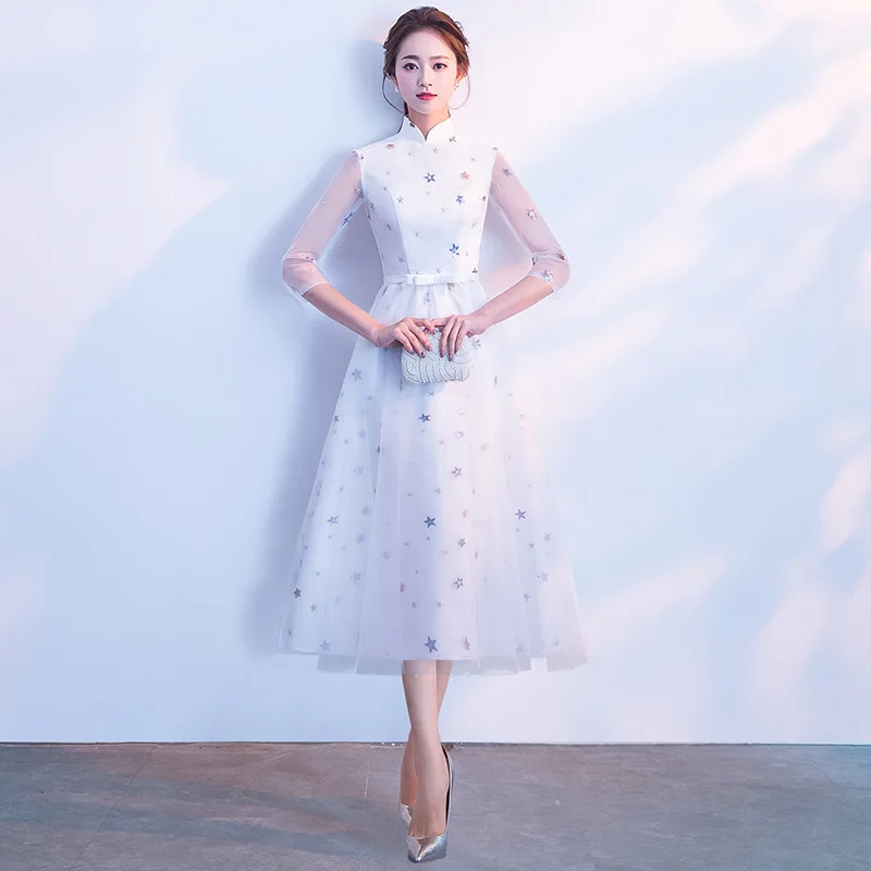 

White Womens Long Mesh Sequin Party Dress Evening Banquet Mandarin Collar Elegant Prom Half Sleeve Gown Vestido XS-3XL