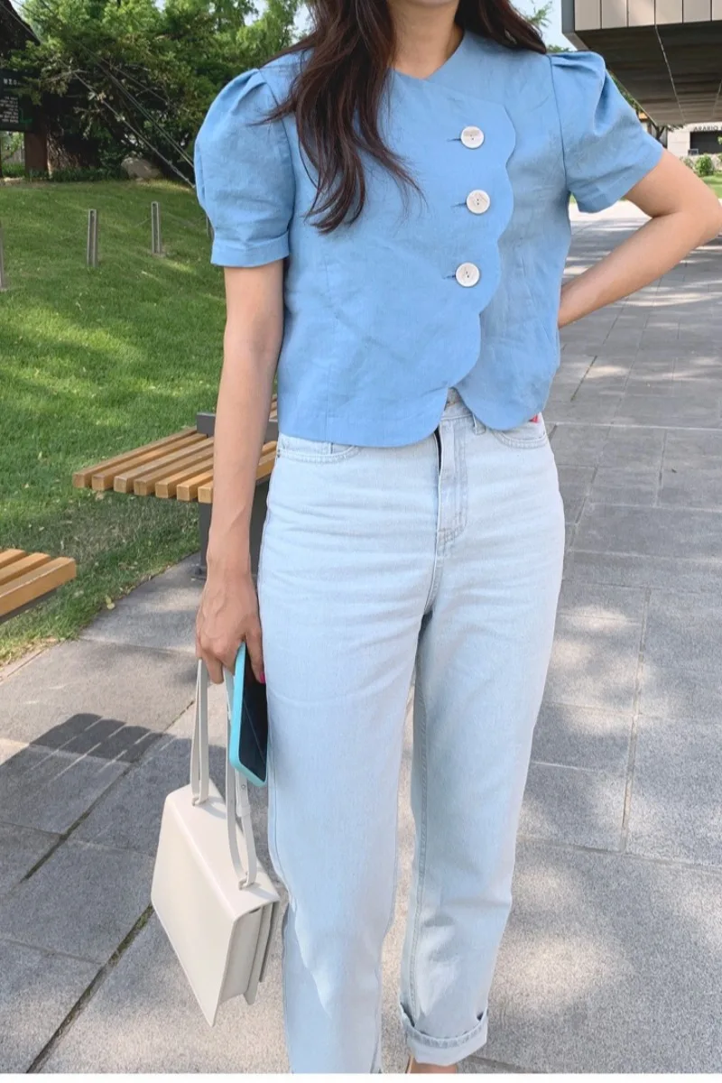 

Korean Style Solid Colour Blouse 2021 Nwe Summer Elegant Shirt Chic Simple Fashion Blusas for Women Short Round Neck Top