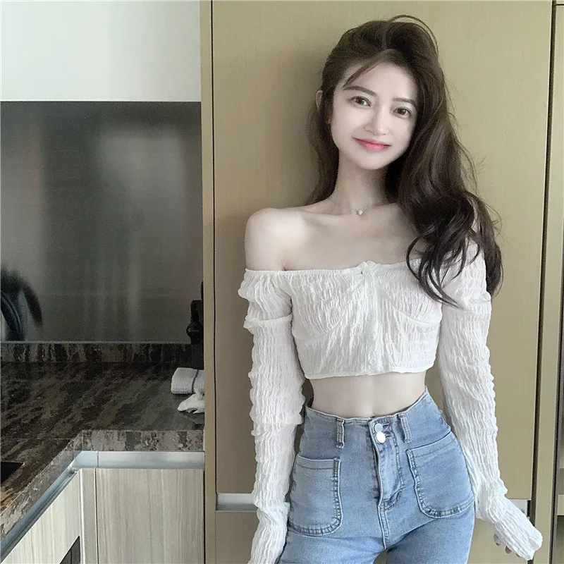 

2021 summer new Women's Clothing fashion slash neck French sweet short section Slim long sleeve Women Shirt thin section