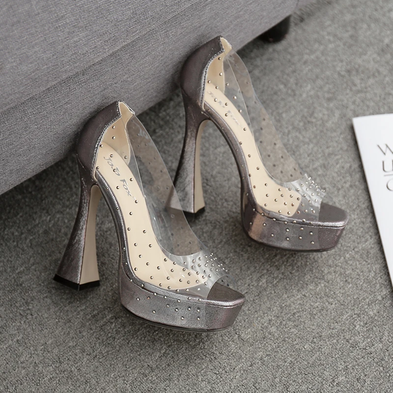 

NIUFUNI Lady Sexy Transparent Rhinestone High Heels Peep Toe Platform Pumps 13.5CM Clear Heels Fashion Glass Heel Women Shoes