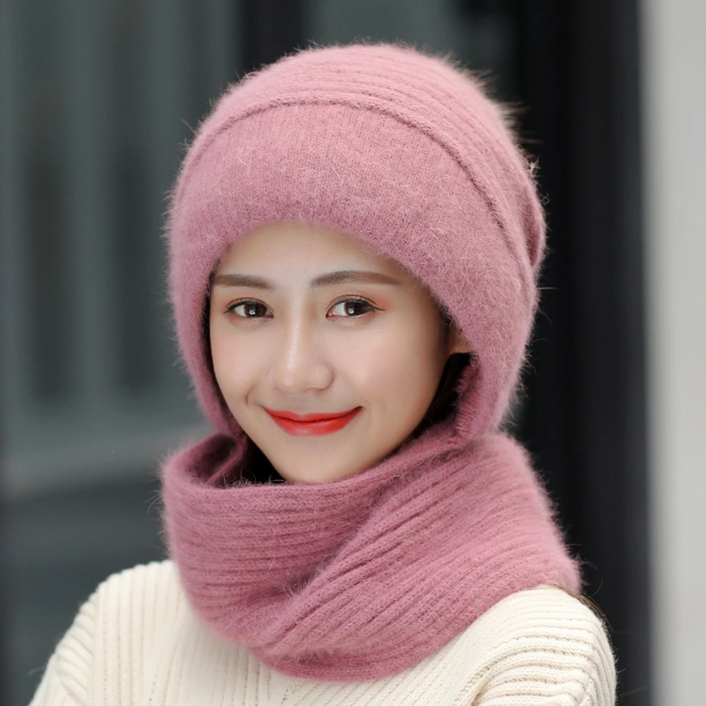 Женская вязаная шапка с шарфом теплая однотонная Шапка бини кроличьим мехом для