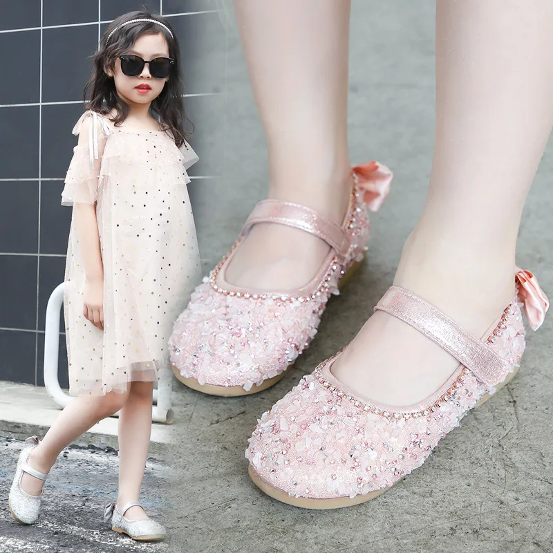 

Girls Sandals 2021 Summer Children Fashion Rhinestone Bowtie Princess Flats Baby Girls Party Dance Toddlers Dress Glitter Shoes