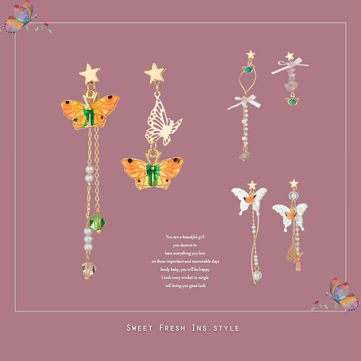 

AVEBIEN Trendy Creative Fun Asymmetrical Women's Stud Earrings Korean Temperament Butterfly All-match Earrings Fashion Jewelry