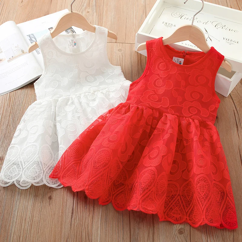 2021 Hot Summer 2 3 4 5 67 8 10 Years Child White Red Kids Embroidery Tank Sundress Sleeveless Lace Dress For Baby Girl | Детская одежда