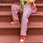 Женские брюки-карго с высокой талией, розовые прямые брюки с вырезами в Корейском стиле 90-х, Повседневная Уличная одежда, 2020