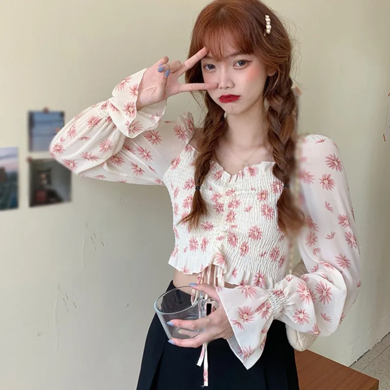 

Women's Floral Print Square Collar Blouses Short/Long Sleeve Summer Elegant Chiffon Shirts Tops 2020