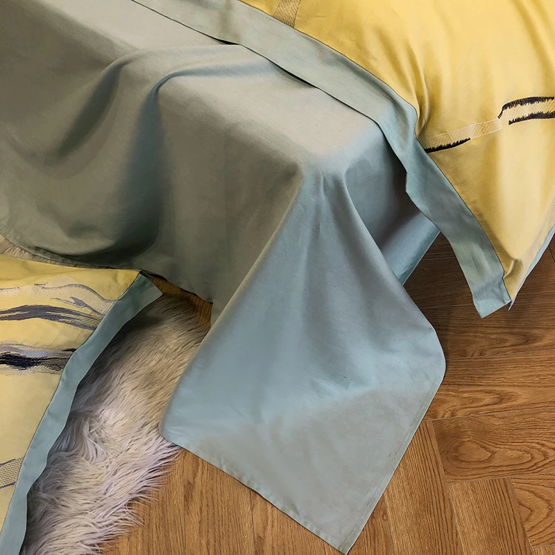 

New Luxury Yellow 600TC Egyptian Cotton Marbling Embroidery Bedding Set Duvet Cover Flat/Fitted Sheet Pillowcases Home Textiles