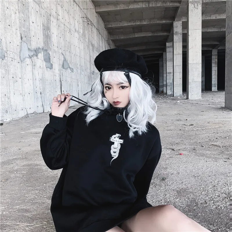 Готический Темный свитшот для женщин Harajuku крест змеиный принт длинный рукав свободный с капюшоном гранж-панк улица плюс бархат толстовки для женщин