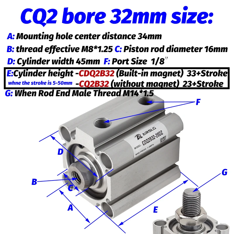 CDQ2B32-20DZ Compact Cylinder Double Acting Single Rod CQ2B32-75DZ With auto switch stroke 5-100mm CQ2A32-30DCZ CDQ2A32-50DZ-M9B |