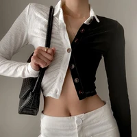 autumn women long sleeve splicing shirt female sexy single breasted short tops black brown