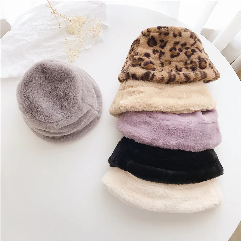 

Winter Rabbit Fur Children Hat Plush Leopard Hat for Kids Korean Warm Children Bucket Hat 2-7Y Fisherman Caps Toddler Winter Hat