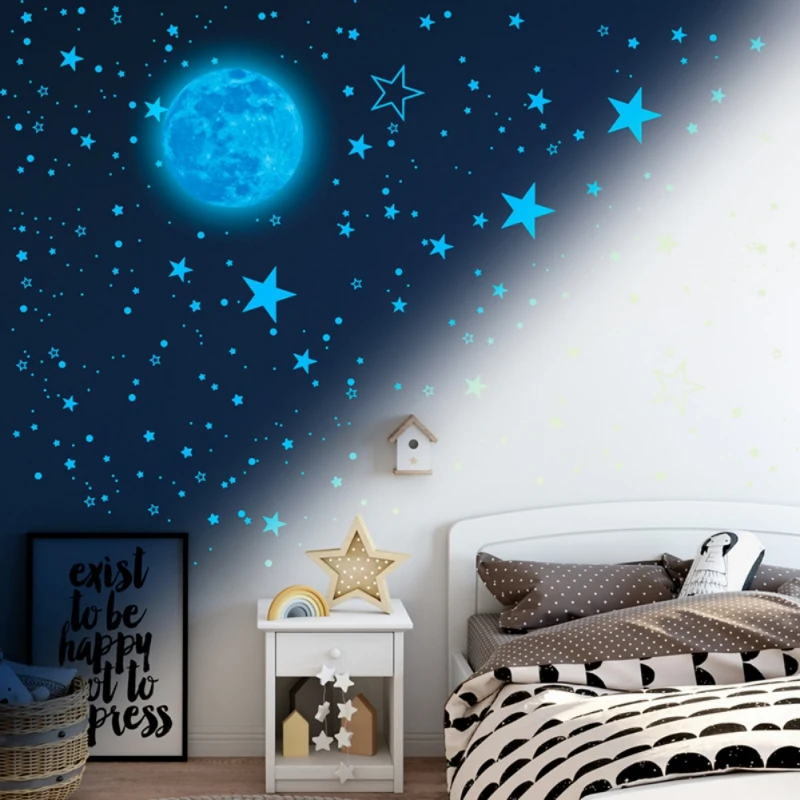 

1049pcs Luminous Moon Stars Dots Wall Sticker Lighted Sticker Room Bedroom Living Room Home Decooration Decals Glow In The Dark