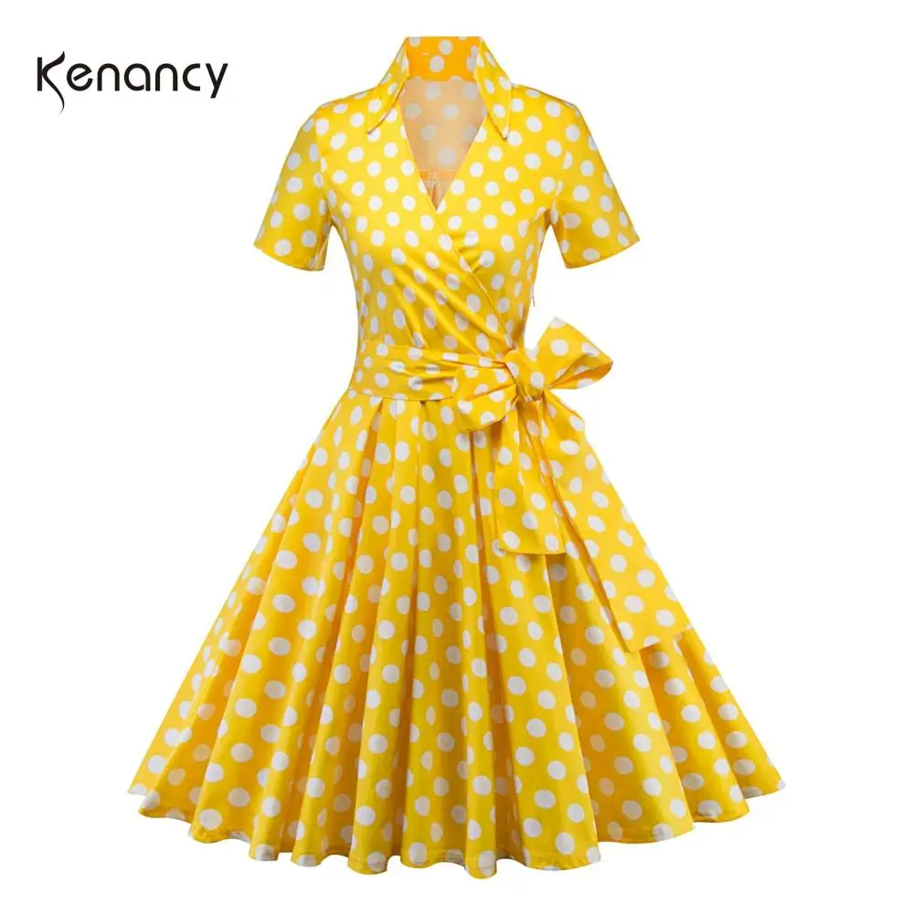 Женское винтажное платье в горошек Kenancy летнее с отложным воротником и коротким