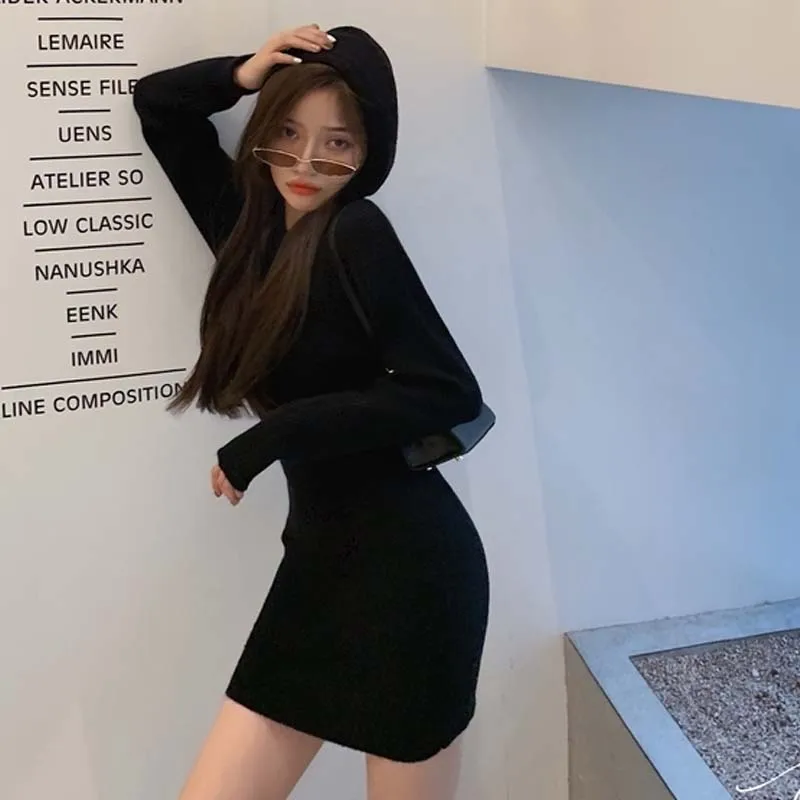 

Korean 2020 Autumn Winter Mini Sweater Dress Women Hood Casual Long Sleeve Office Knitted Dress Female Elegant One-piece Dress