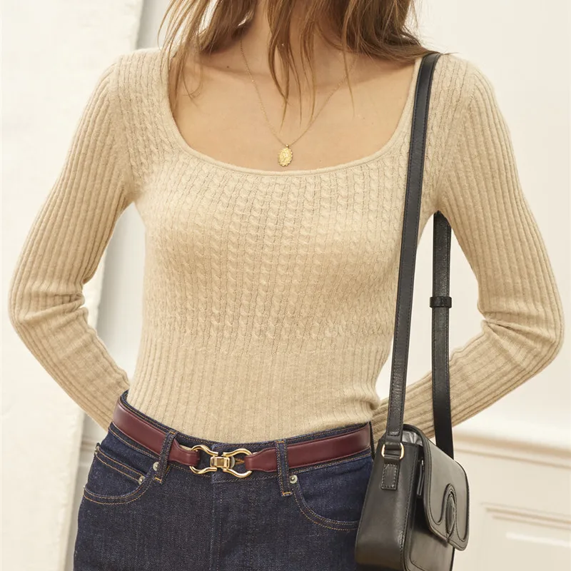 

Autumn Women's Sweater Solid Color Square Collar Long Sleeve 2020 New Slim Knit Tops