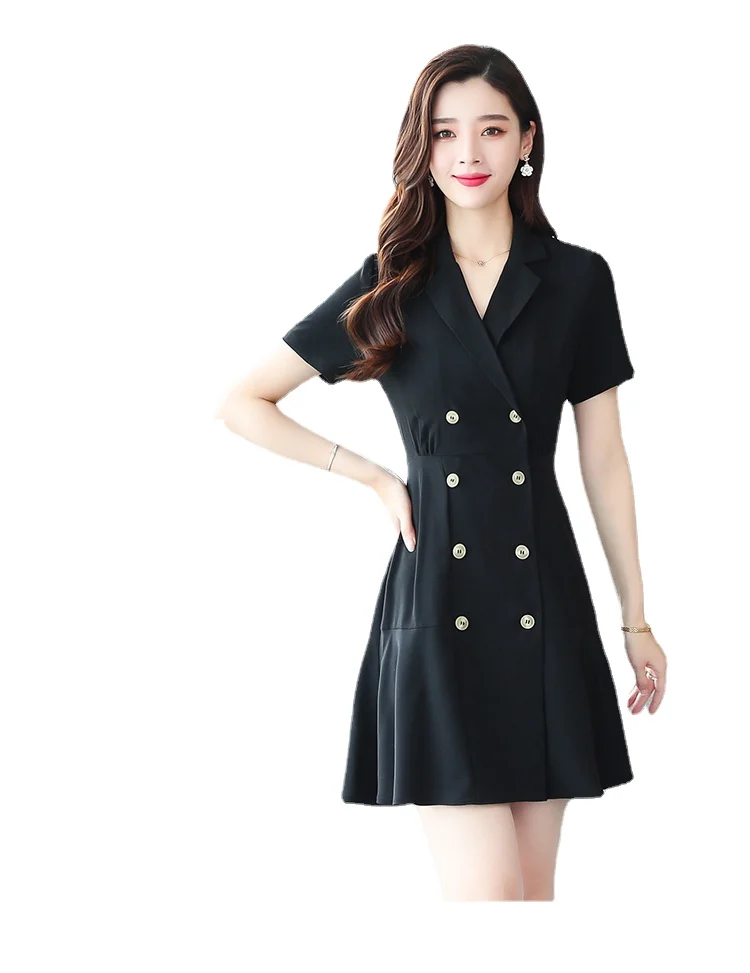 

Professional Suit Dress Women summer new retro A-line skirt double breasted small suit collar short sleeve waist lotus leaf hem