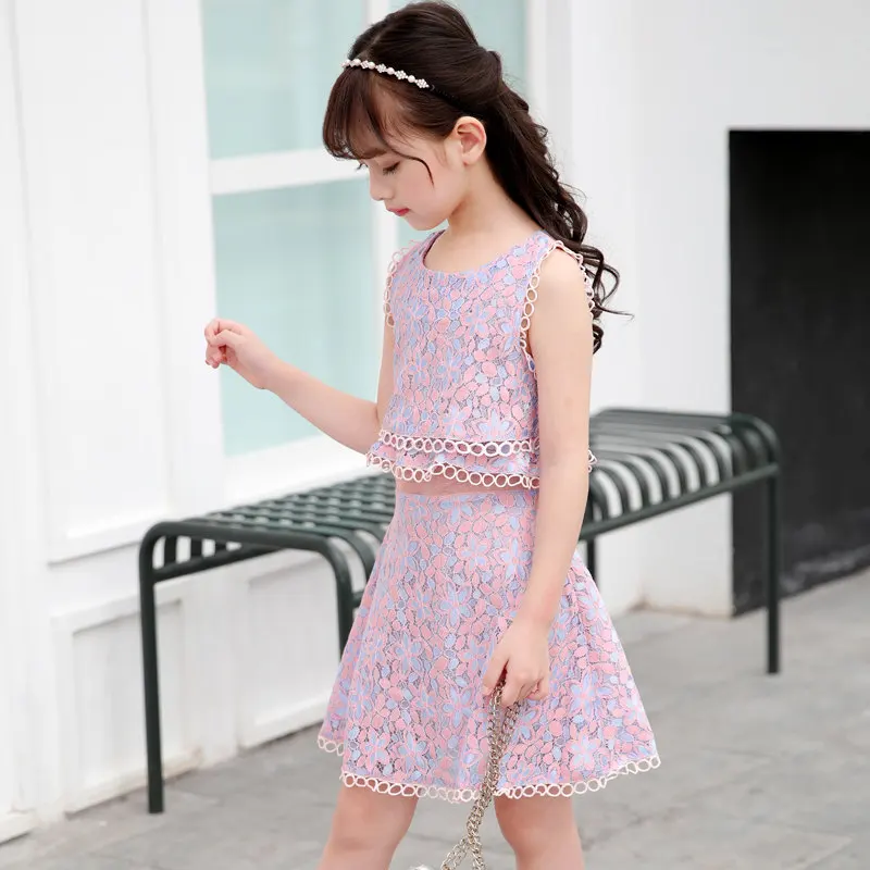 Элегантный дизайн модные детские кружевные платья для девочек 2 в 1 летняя одежда