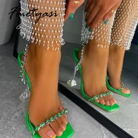 2022 new women sandals sexy square toe crystal chain high heels summer rome strap transparent horseshoe heel shoes 35 42