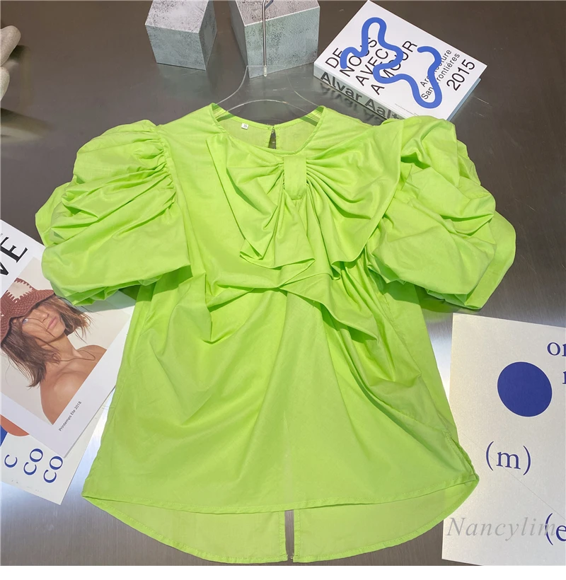 Chemisiers Femme 2021 D'été Nouveau Style Coréen Bonbon Couleur Irrégulière Conception Arc Manches Bouffantes Petit Haut Chemisiers Femme