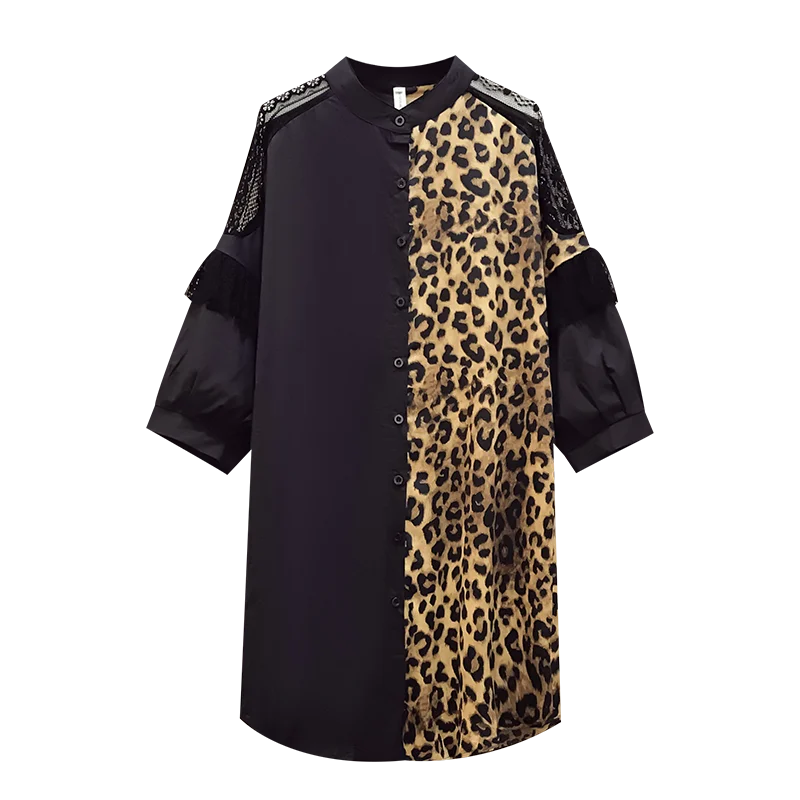 Plus Size 2021 Summer Leopard Print Black Patchwork Shirt Dress Women Single-breasted Loose Oversize Dresses Big Lace Clothing | Женская
