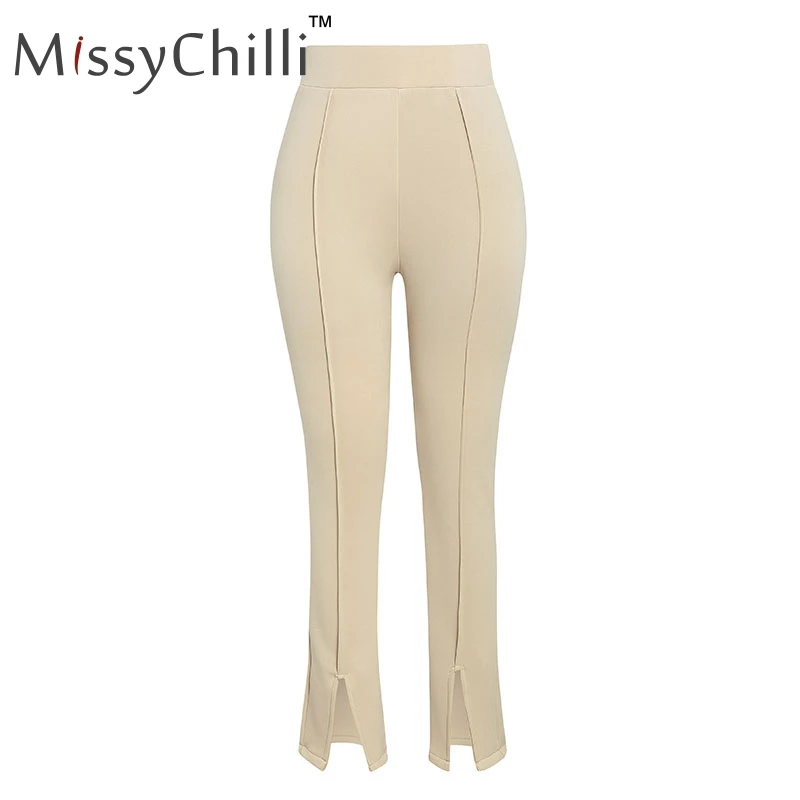MissyChilli Высокая талия хаки однотонные повседневные брюки женские облегающие Сплит Модные брюки женские черные элегантные офисные вечерние штаны