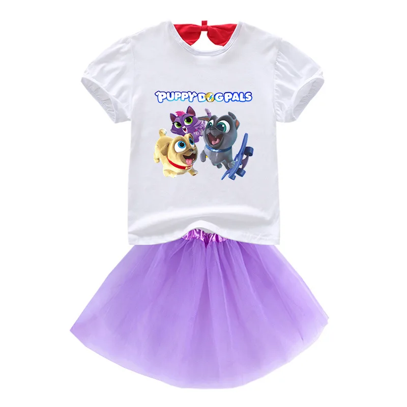 

Puppy Dog Pals Clothes Kids Short-sleeved T Shirt+mesh Skirt 2pcs Sets Baby Girls Princess Dress Children Evening Party Dresses