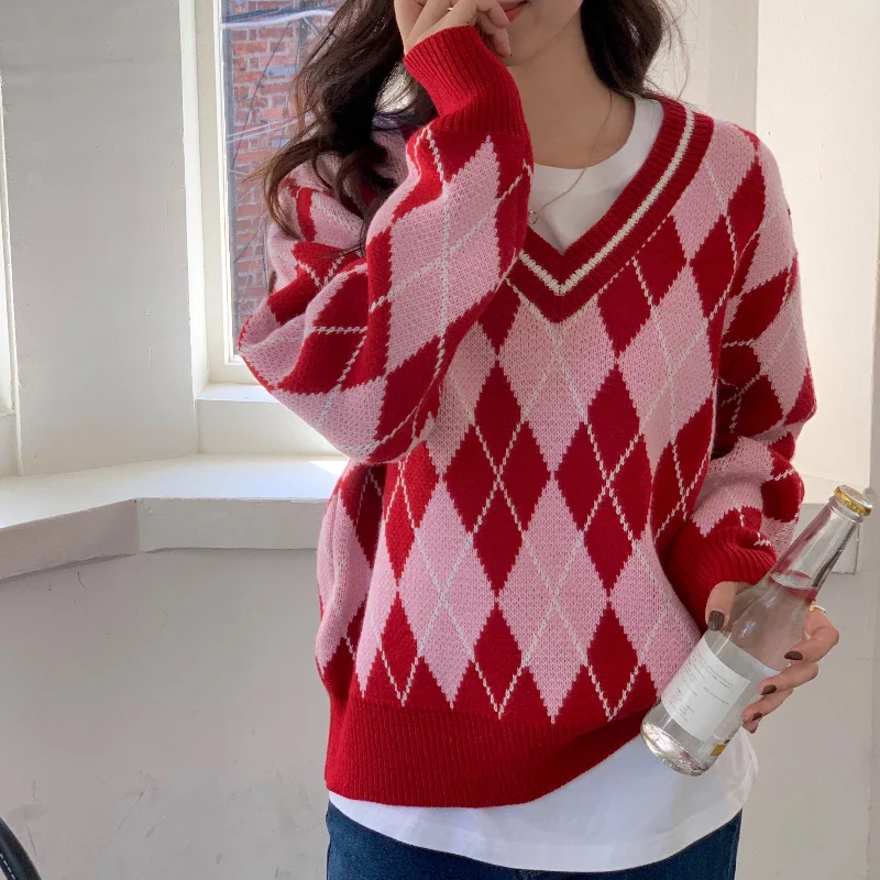 Женский трикотажный свитер с длинным рукавом V-образным вырезом | Женская одежда