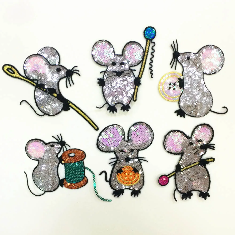

6Pcs/Set Sequins Mouse Patches Embroidered Applique T-shirt Coat Patch Sewing Garment Accessories Diy Decoration