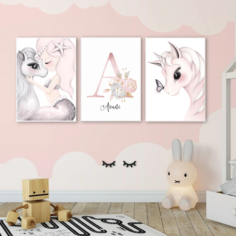 Детская картина с именем на заказ постеры розовым единорогом цветком пионами