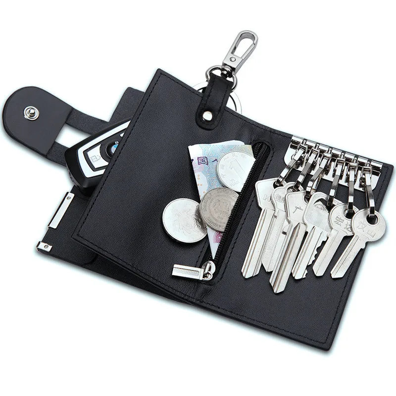 

Black Genuine Leather Key Holder Wallet Keychain Pouch Purse Coin Male Purse Card Holder Wallet Housekeeper Wallet