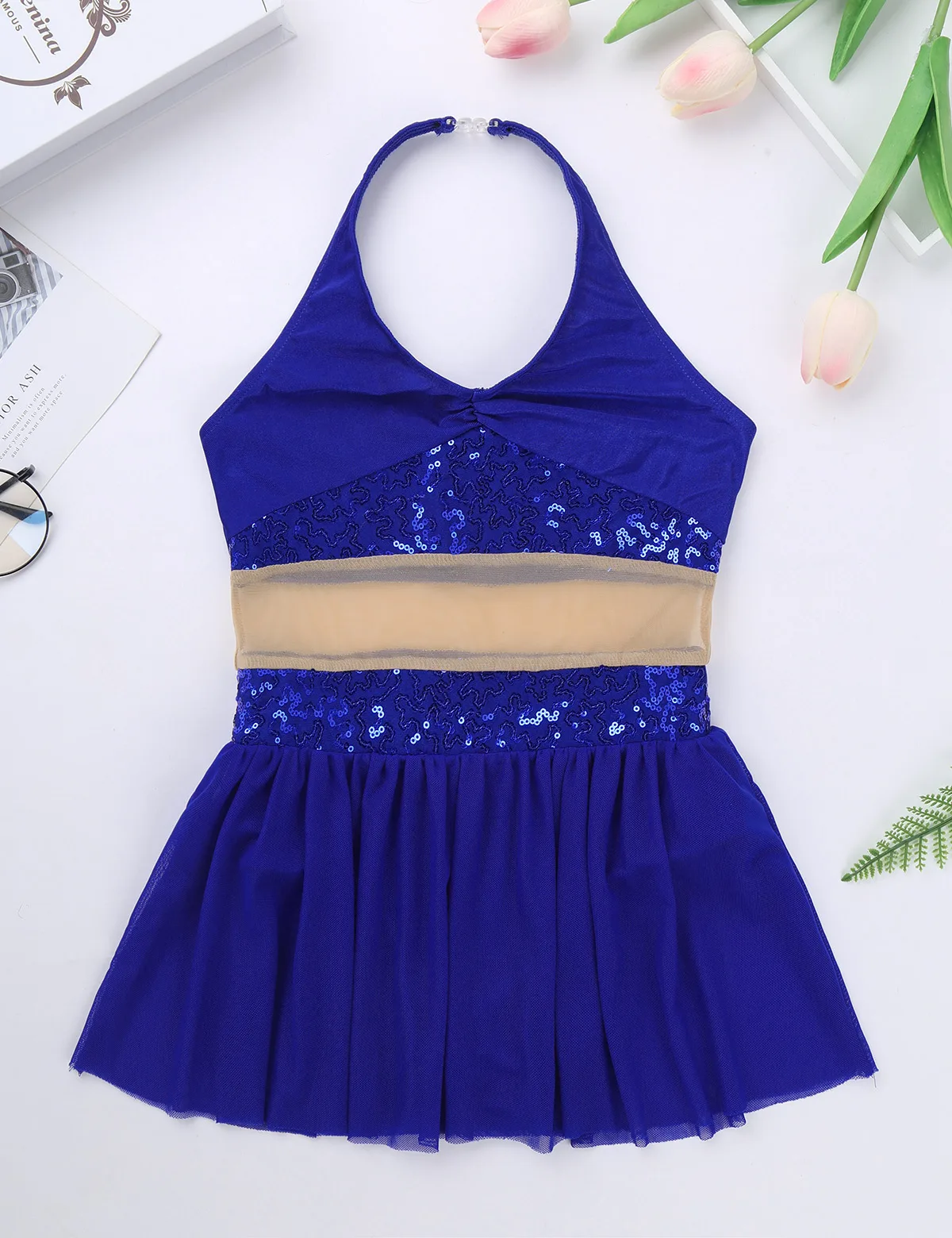 ChicTry Girls Halter Sequin Mesh Stretchy Figure Skating Dress Gymnastics Ballet Leotard Kids Performance Lyrical Dance Costumes