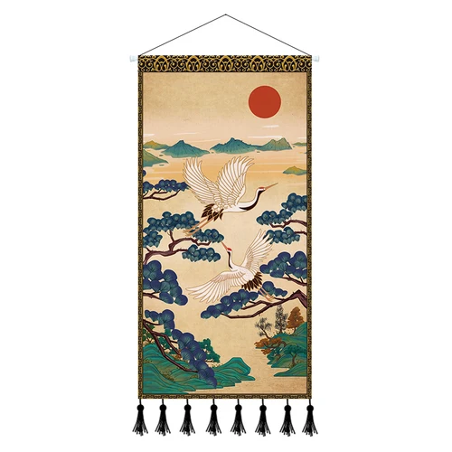 

Japanese Style Cranes Wall Art Canvas Painting Wall Tapestry Decorative Poster Printed Wooden Hanging Scroll Painting Decor