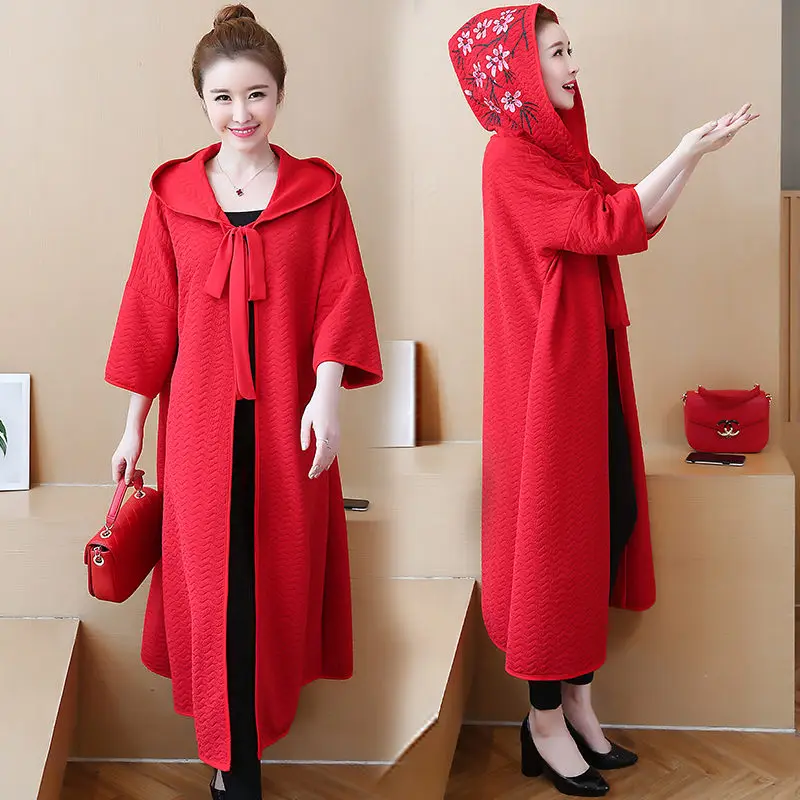 Новый Стиль плащ с капюшоном печати Кардиган большого размера женское пальто