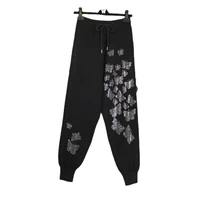 harem pants womens butterfly diamonds printing rhinestone korean fashion elastic waist hot drilling black loose baggy trousers