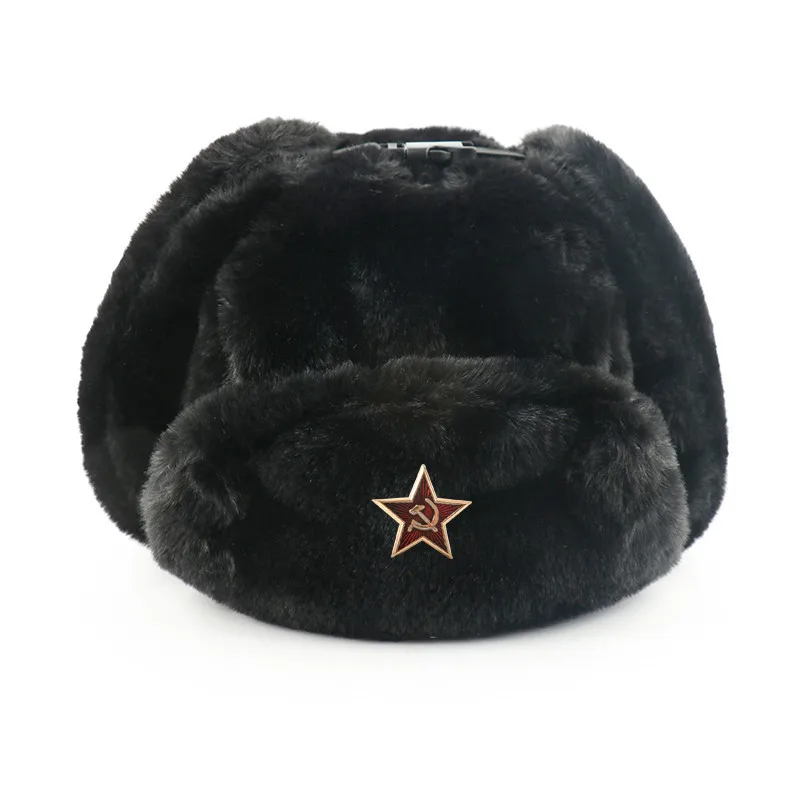 CAMOLAND, Советская шапка охотника, Мужская армейская Военная русская ушанка, шапка-бомбер, зимние теплые шапки пилота из искусственного кроличьего меха, ушанка - Цвет: BK Soviet Star