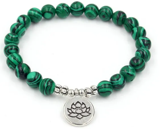 

8mm hhn3 elastic adjusted Charm nature stone Lotus life tree Buddha head malachite Charm Chakra Healing Reiki Bracelet