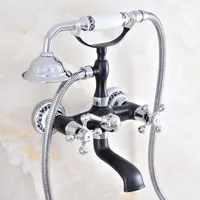 Black Silver Wall Mount Bathtub Faucet Dual Handles Swivel Spout Mixer Tap with Hand Sprayer zna618