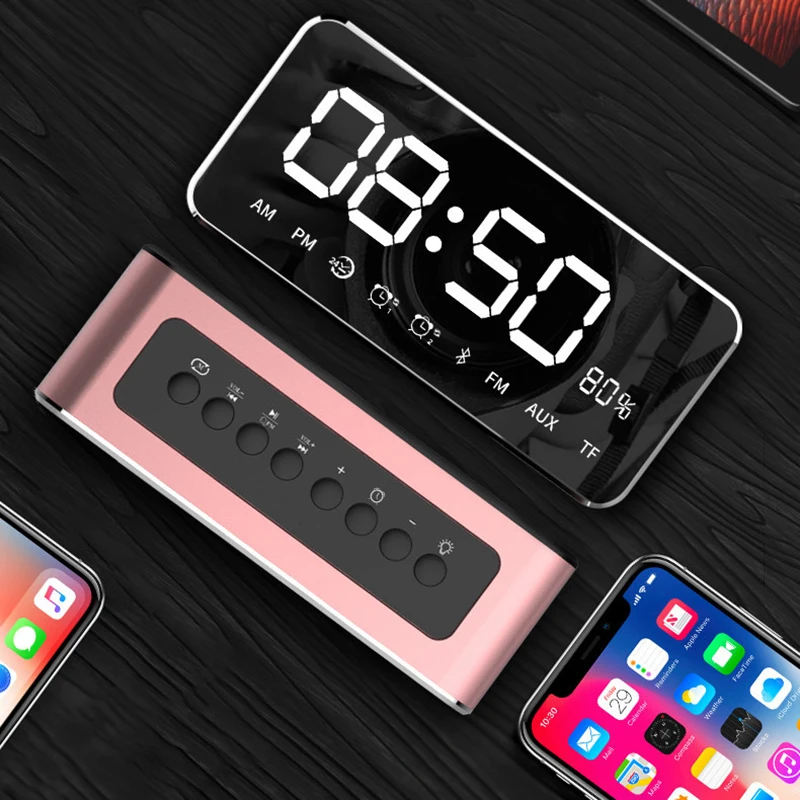 Модные зеркальные настольные часы с Bluetooth динамиком многофункциональные