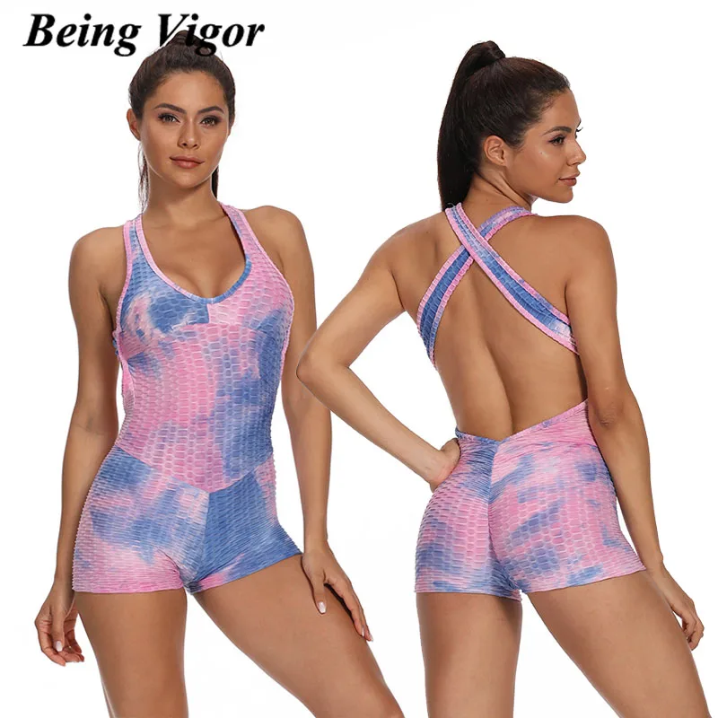 

Being Vigor Sport Jumpsuit New Fashion Lady Backless Cross Stripe Sexy Digital Print Yoga Gym Active One Pieces Bodysuit 2021