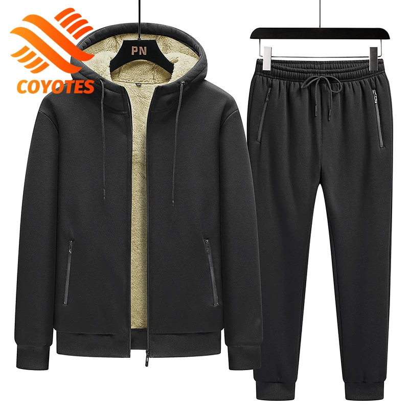 COYOTES 2021 Winter Thick Men Sports Suit Tracksuit Hooded Sportswear Zipper Cardigan Hooded Elastic Pants Casual Men Set