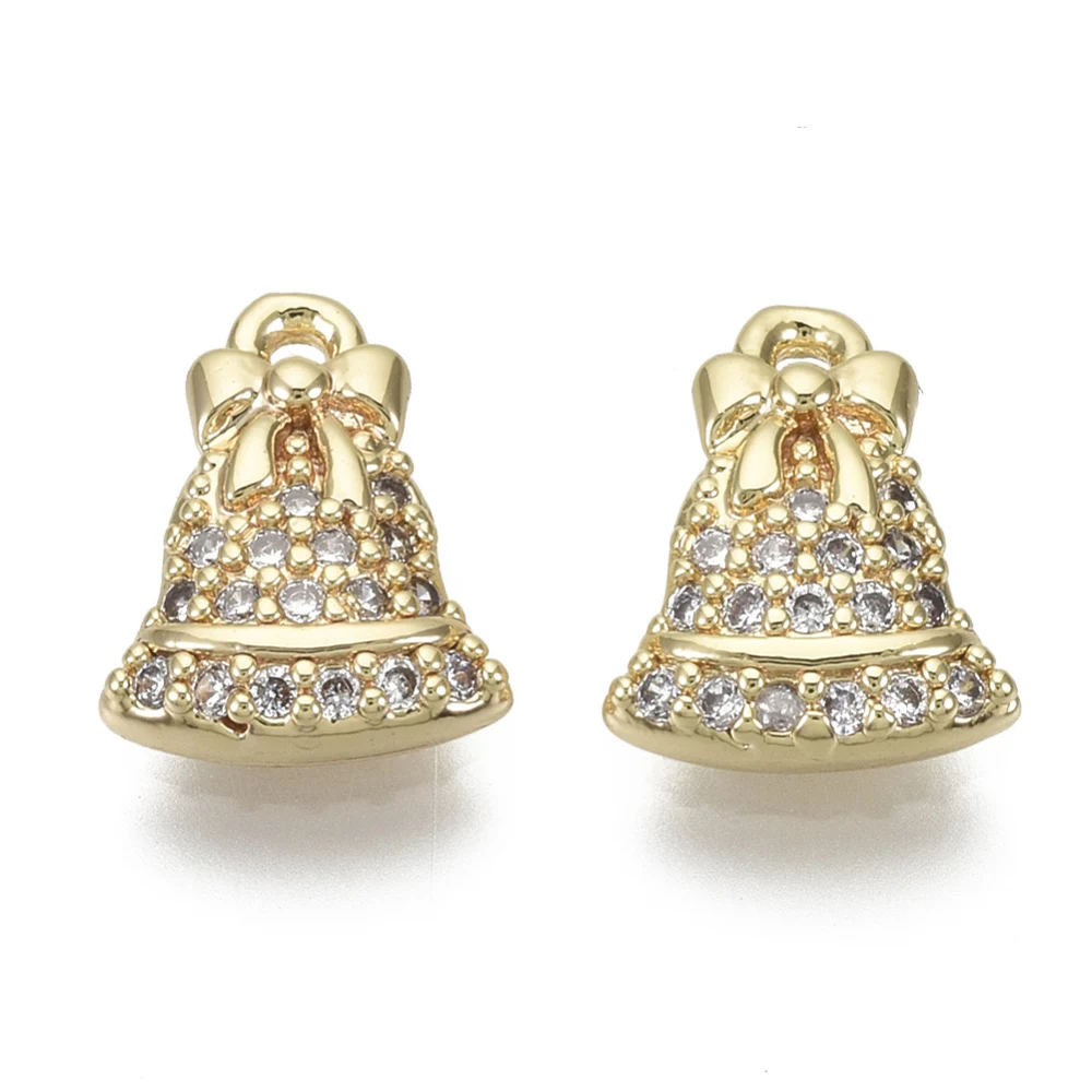 

2PCS Brass Micro Pave Clear Cubic Zirconia Charms for Christmas Nickel Free Bell Real 18K Gold 11x8x2mm Hole: 1mm