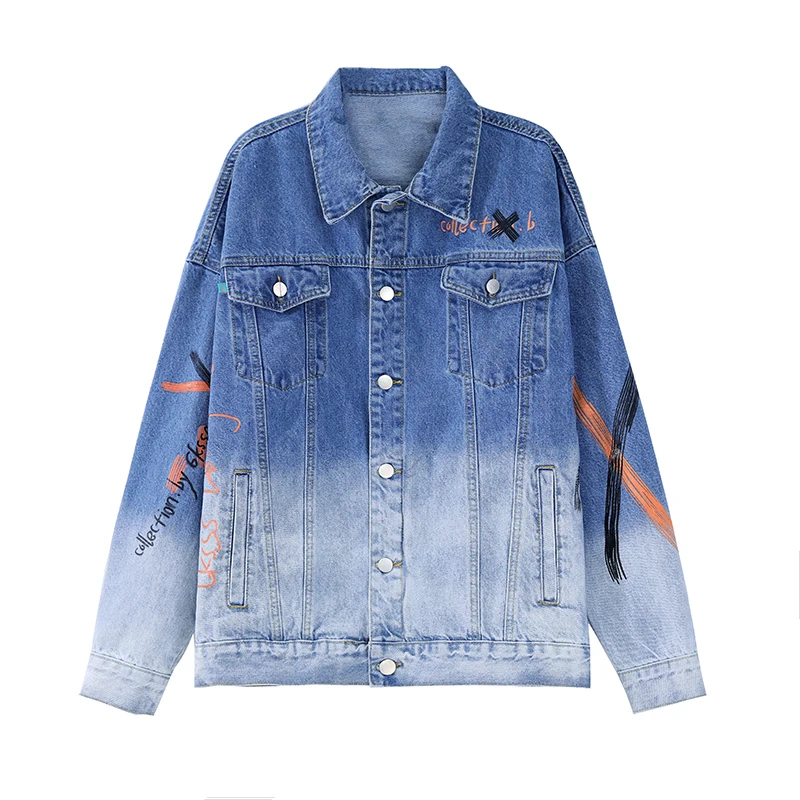 

Женская джинсовая куртка, Повседневная Свободная куртка из денима с принтом и градиентными цветами, с ручной росписью, в Корейском стиле, ве...